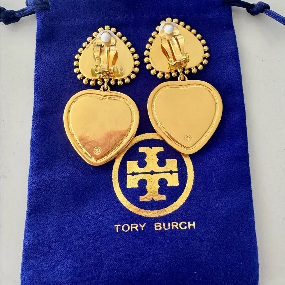 TORY BURCH Elegant Gold and White Heart Earrings